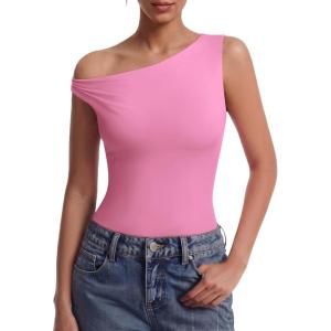 image:imageAvidlove Bodysuits for Women Off Shoulder Thong Bodysuit Double Lined One Piece Leotard Asymmetric Going Out TopsHot Pink