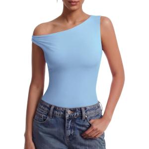 image:imageAvidlove Bodysuits for Women Off Shoulder Thong Bodysuit Double Lined One Piece Leotard Asymmetric Going Out TopsLight Blue