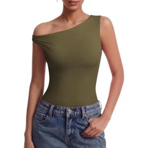 image:imageAvidlove Bodysuits for Women Off Shoulder Thong Bodysuit Double Lined One Piece Leotard Asymmetric Going Out TopsOlive Green