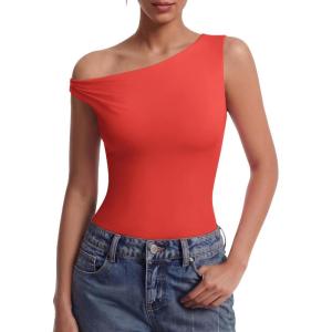 image:imageAvidlove Bodysuits for Women Off Shoulder Thong Bodysuit Double Lined One Piece Leotard Asymmetric Going Out TopsRed