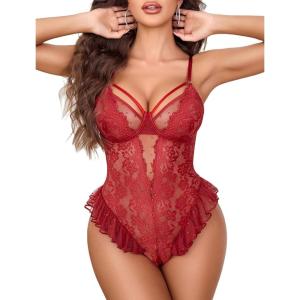 image:imageAvidlove Lingerie for Women Sexy Lace Bodysuit Deep V Teddy One Piece BabydollWine Red