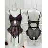 image:imageAvidlove Lingerie for Women Mesh Lace Bodysuit Sexy Wireless Garter Lingerie Set Teddy LingerieNo StockingsBlack  Purple