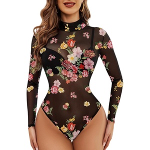 image:imageAvidlove Long Sleeve Bodysuit for Women Turtleneck Sheer Mesh Bodysuit Geo Print LeotardsBf298
