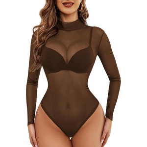 image:imageAvidlove Long Sleeve Bodysuit for Women Turtleneck Sheer Mesh Bodysuit Geo Print LeotardsBrown