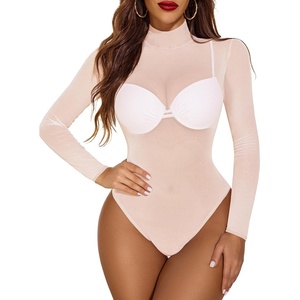 image:imageAvidlove Long Sleeve Bodysuit for Women Turtleneck Sheer Mesh Bodysuit Geo Print LeotardsChampagne