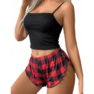 image:imageAvidlove Women Cami Ribbed Pajama Set Sexy Side Slit Sleepwear Soft Lingerie 2 Piece PJ SetBlack  Red Plaid
