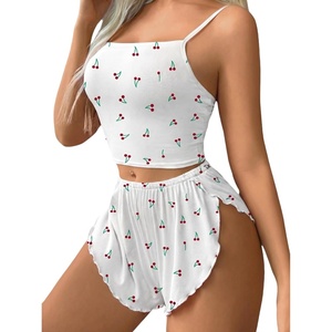 image:imageAvidlove Women Cami Ribbed Pajama Set Sexy Side Slit Sleepwear Soft Lingerie 2 Piece PJ SetWhite Cherry