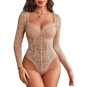 image:imageAvidlove Womens Bodysuits Long Sleeve Body Suits Womens Lace Going Out Tops One Piece Bodysuits for Women with Snap CrotchLight Tan