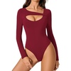 image:imageAvidlove Women Long Sleeve Bodysuit Scoop Neck Cutout Thong Body Suits Double Lined Slim Fitted Leotard Going Out TopsWine Red