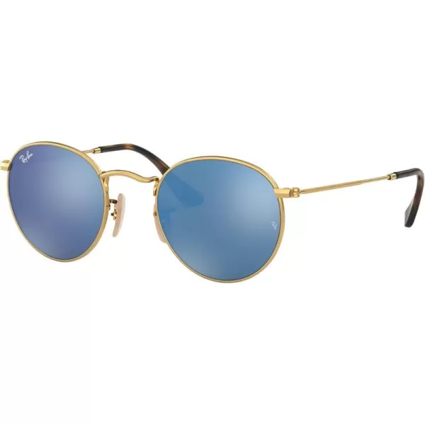 RayBan Rb3447n Round Flat Lens SunglassesGoldLight Blue Flash