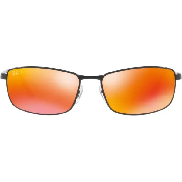 RayBan Mens Rb3498 Rectangular SunglassesMatte BlackDark Brown Mirrored Orange Polarized