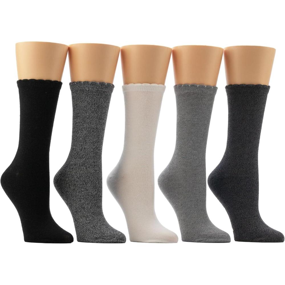 imageBEARPAW Womens 5 Pair Pack Super Soft Modern Multicolor Assorted Easy Care Solid Crew Socks With Scallop Edge Neutral ColorsBlack