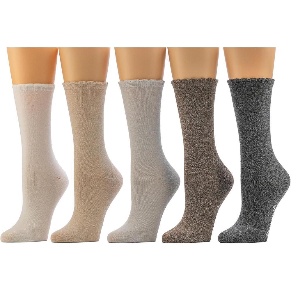 imageBEARPAW Womens 5 Pair Pack Super Soft Modern Multicolor Assorted Easy Care Solid Crew Socks With Scallop Edge Neutral ColorsEgret