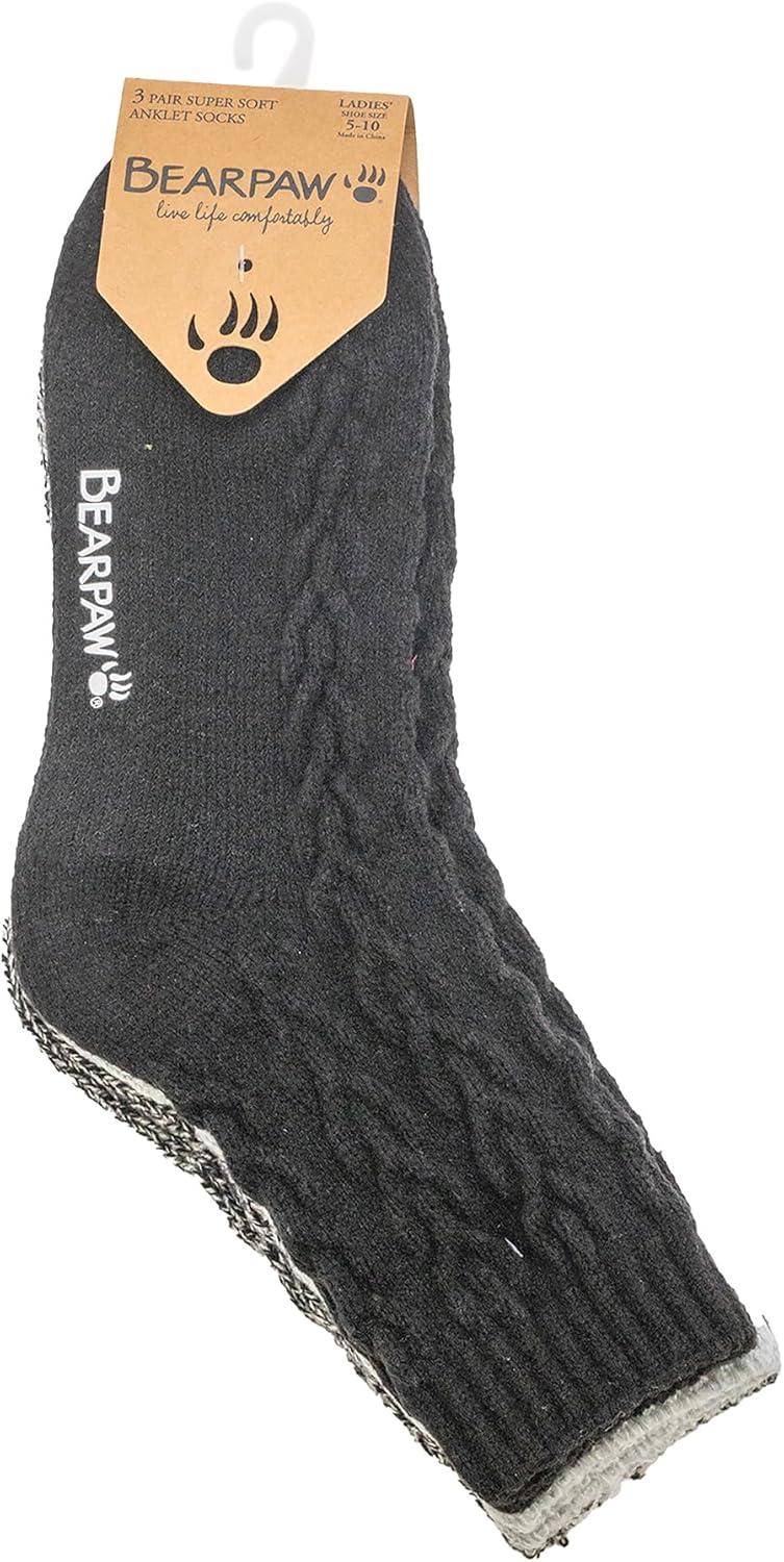 imageBEARPAW Womens 3 Pair Pack Super Soft Modern Multicolor Assorted Easy Care Solid Large Cable Neutral Colors Ankle Boot SocksBlack