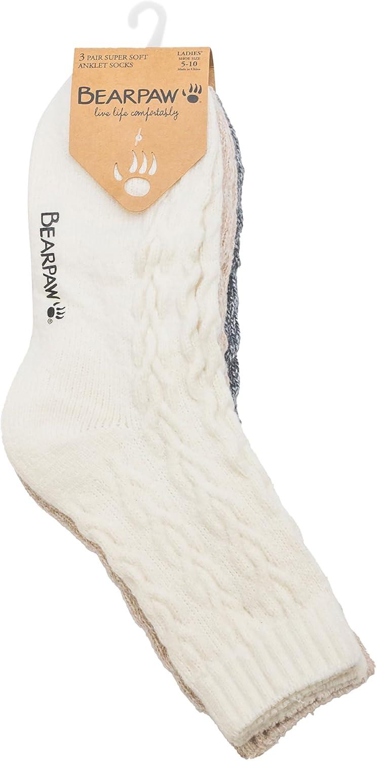 imageBEARPAW Womens 3 Pair Pack Super Soft Modern Multicolor Assorted Easy Care Solid Large Cable Neutral Colors Ankle Boot SocksEgret