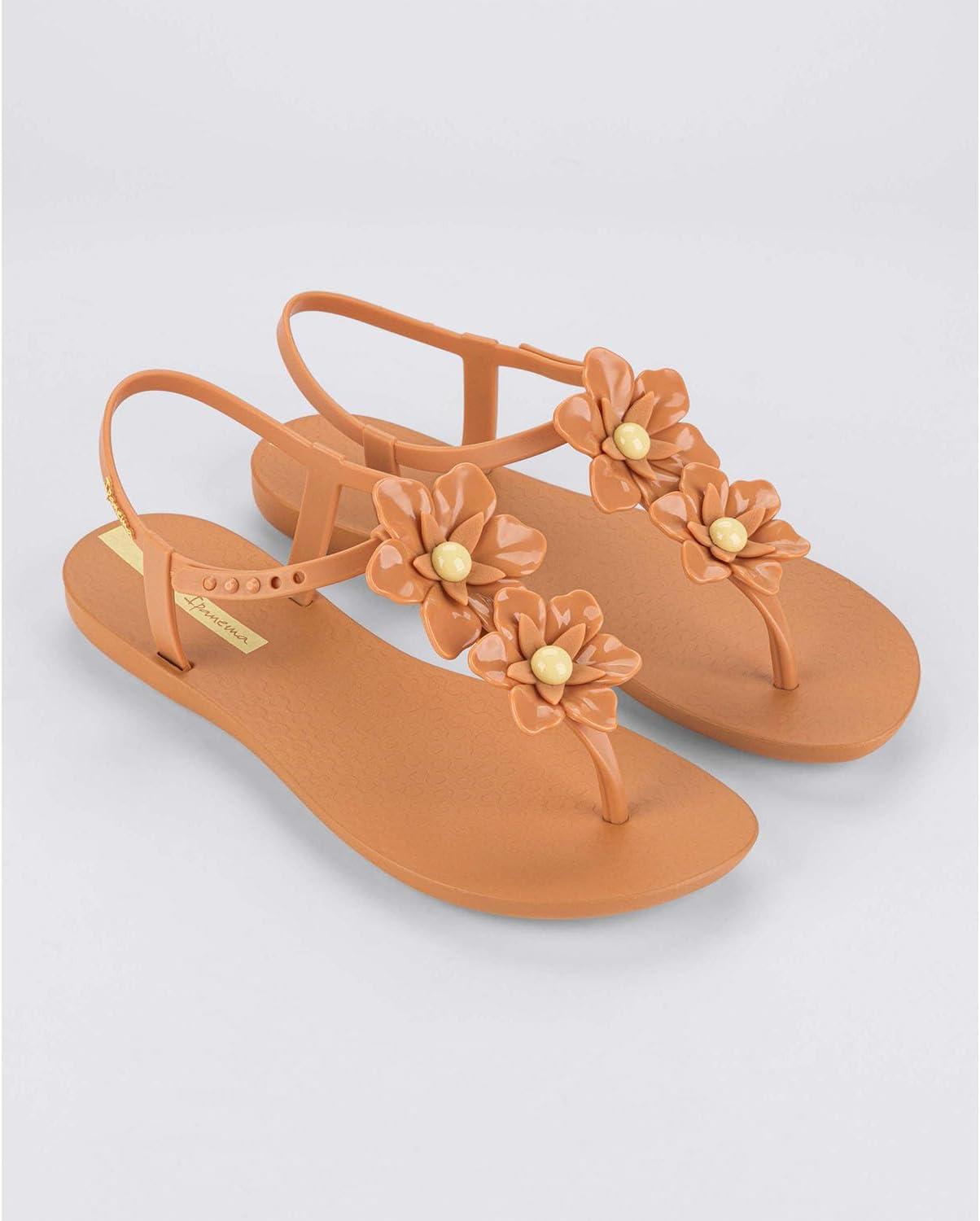 imageIpanema Duo Flowers Fem Womens Sandals  Comfy Open Toe Sandals for Women Thong Sandals wTStrap Adjustable Ankle Strap Floral Design Dressy Sandals Summer Dress SandalsBrownYellow