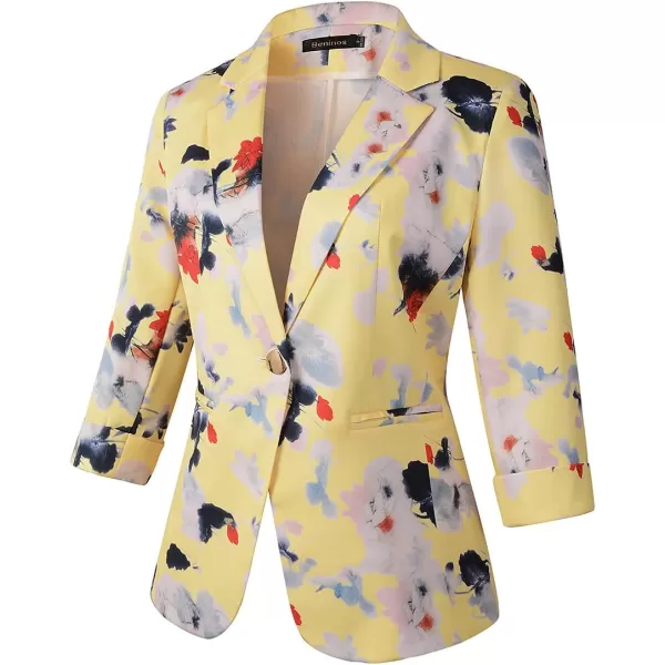 Womens Casual Blazers 34 Sleeve Lightweight Office Work Suit Jacket Floral BlazerYellow