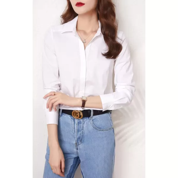 Beninos Long Sleeve V Neck Office Formal Casual Button Down Shirt Blouse for Women Fit XSXLWhite
