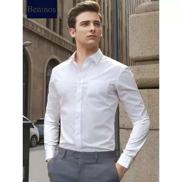 Beninos Mens Slim Fit Solid Point Collar Button Down Dress ShirtWhite