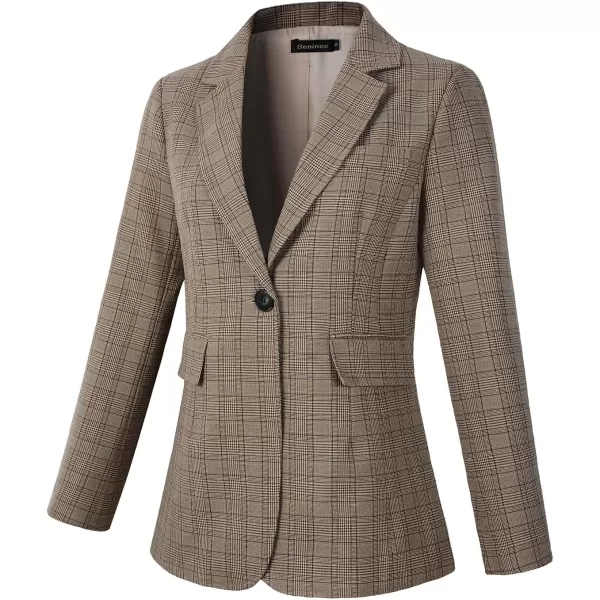Beninos Womens Casual Blazers One Button Plaid Blazer JacketKhaki