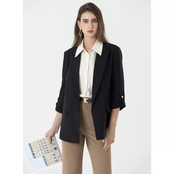 Beninos Womens Casual Long Blazers 34 Sleeve Open Front Blazer JacketsBlack