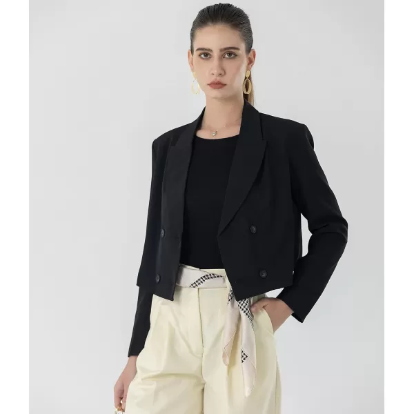 Beninos Womens Double Breasted Crop Blazer JacketsBlack