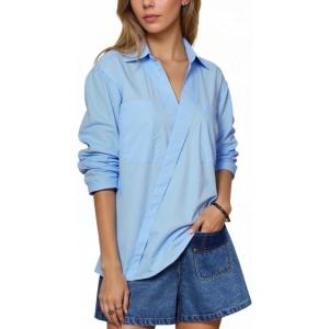 imageBeninos Dressy Casual Tops Business Work Blouses Short Sleeve White Collared V Neck TshirtLight Blue