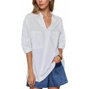 imageBeninos Dressy Casual Tops Business Work Blouses Short Sleeve White Collared V Neck TshirtWhite
