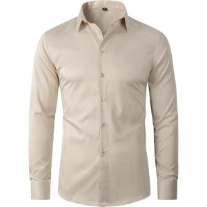 imageBeninos Mens Dress Shirts Solid Long Sleeve Texture Formal Shirt Business Casual Button Down ShirtsKhaki No Texture