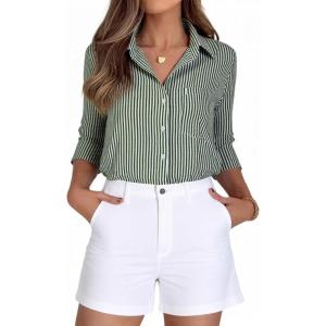 imageBeninos Striped Button Down Shirts for Women Dress Shirts Long Sleeve Casual Collared Office Work Shirt with PocketGreen