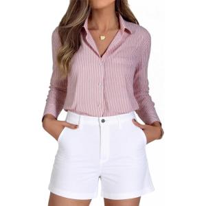 imageBeninos Striped Button Down Shirts for Women Dress Shirts Long Sleeve Casual Collared Office Work Shirt with PocketPink