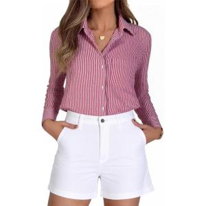 imageBeninos Striped Button Down Shirts for Women Dress Shirts Long Sleeve Casual Collared Office Work Shirt with PocketRed