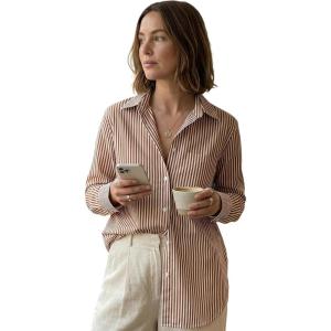 imageBeninos Striped Button Down Shirts for Women Dress Shirts Long Sleeve Casual Collared Office Work Shirt with PocketBrown