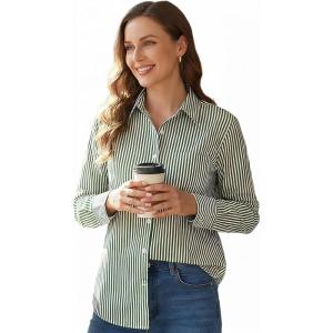 imageBeninos Striped Button Down Shirts for Women Dress Shirts Long Sleeve Casual Collared Office Work Shirt with PocketGreen