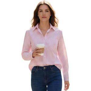 imageBeninos Striped Button Down Shirts for Women Dress Shirts Long Sleeve Casual Collared Office Work Shirt with PocketPink