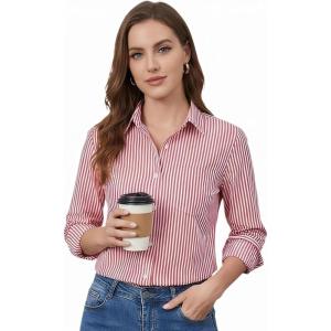 imageBeninos Striped Button Down Shirts for Women Dress Shirts Long Sleeve Casual Collared Office Work Shirt with PocketRed