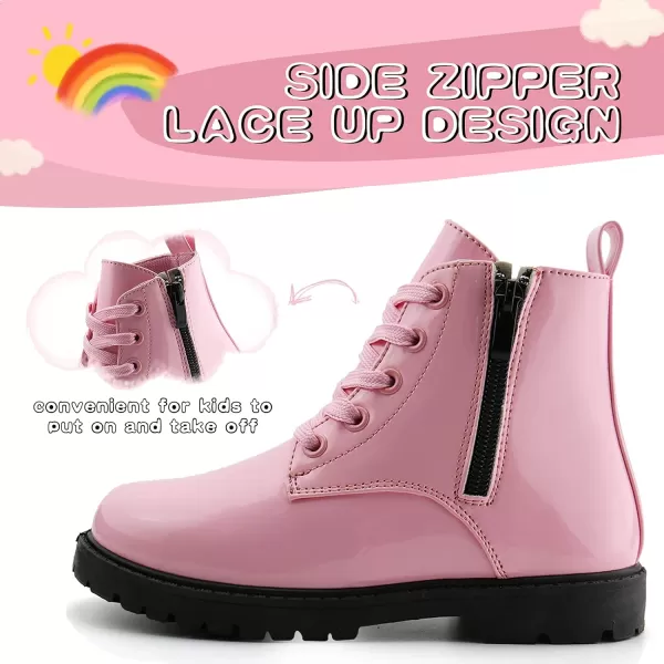 JABASIC Girls Ankle Boots Side Zipper Lace Up Work Boot Combat Booties for LittleBig KidsPink