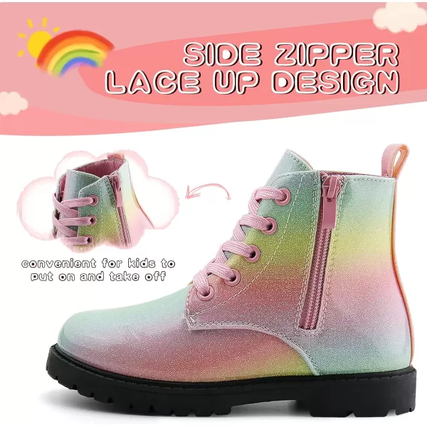 JABASIC Girls Ankle Boots Side Zipper Lace Up Work Boot Combat Booties for LittleBig KidsRainbow