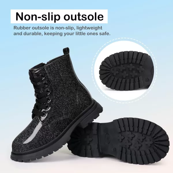 JABASIC Girls Boys Ankle Boots LaceUp Waterproof Work Boots with Side ZipperBlackGlittery