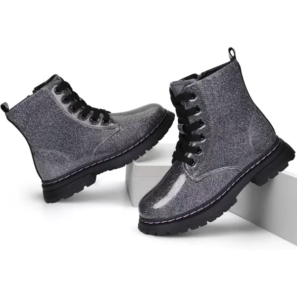 JABASIC Girls Boys Ankle Boots LaceUp Waterproof Work Boots with Side ZipperGreyGlittery