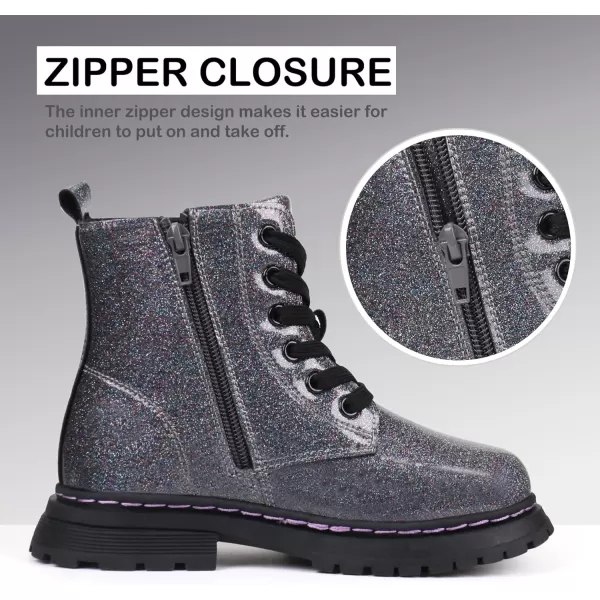 JABASIC Girls Boys Ankle Boots LaceUp Waterproof Work Boots with Side ZipperGreyGlittery