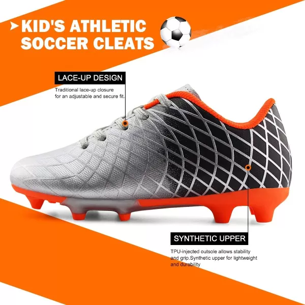 JABASIC Kids Outdoor Soccer Cleats Athletic Firm Ground Football ShoesSilver