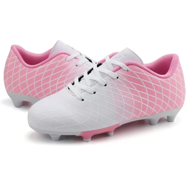 JABASIC Kids Outdoor Soccer Cleats Athletic Firm Ground Football ShoesWhite Pink