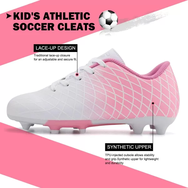 JABASIC Kids Outdoor Soccer Cleats Athletic Firm Ground Football ShoesWhite Pink