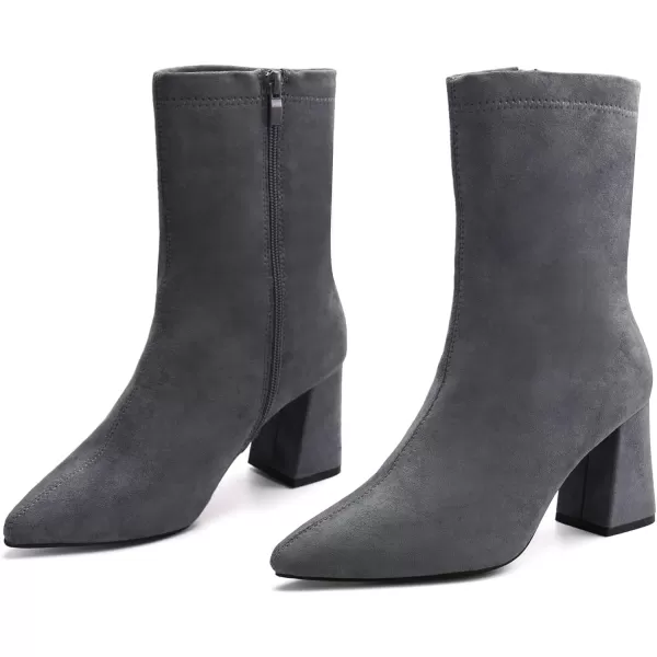 JABASIC Women Ankle Boots Pointed Toe Boots Side Zipper Chunky High Heel BootiesGrey