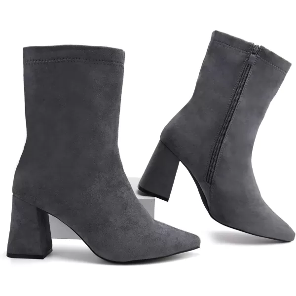 JABASIC Women Ankle Boots Pointed Toe Boots Side Zipper Chunky High Heel BootiesGrey