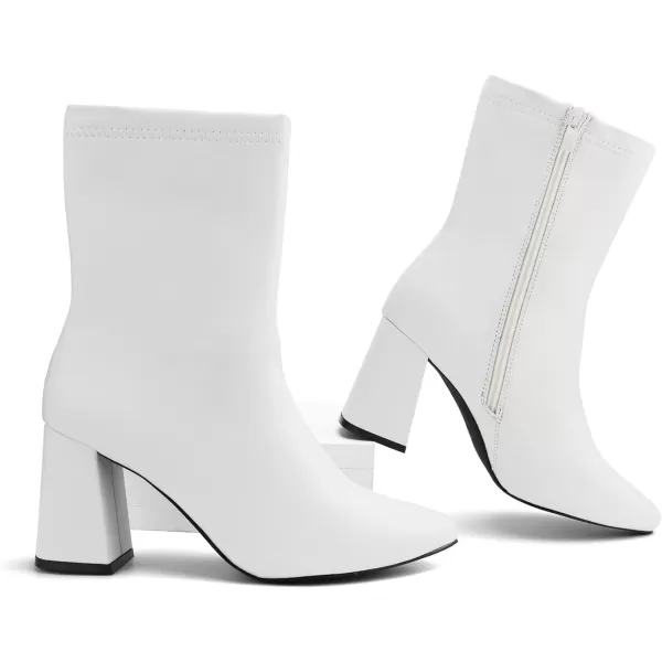 JABASIC Women Ankle Boots Pointed Toe Boots Side Zipper Chunky High Heel BootiesWhite