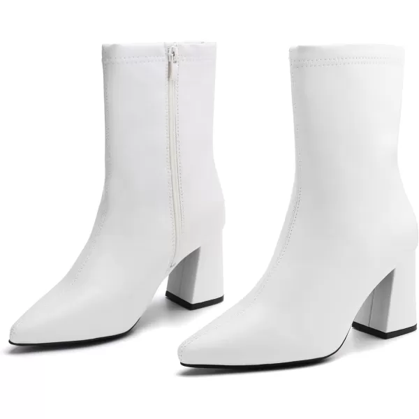 JABASIC Women Ankle Boots Pointed Toe Boots Side Zipper Chunky High Heel BootiesWhite