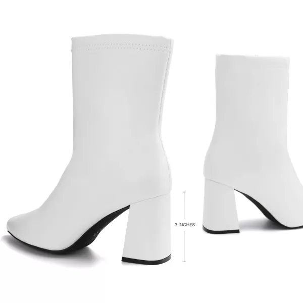 JABASIC Women Ankle Boots Pointed Toe Boots Side Zipper Chunky High Heel BootiesWhite