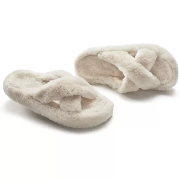 JABASIC Women Cross Band Slippers Orthopedic Slides with Arch Support Faux Fur slides House Slipper Indoor OutdoorBeige